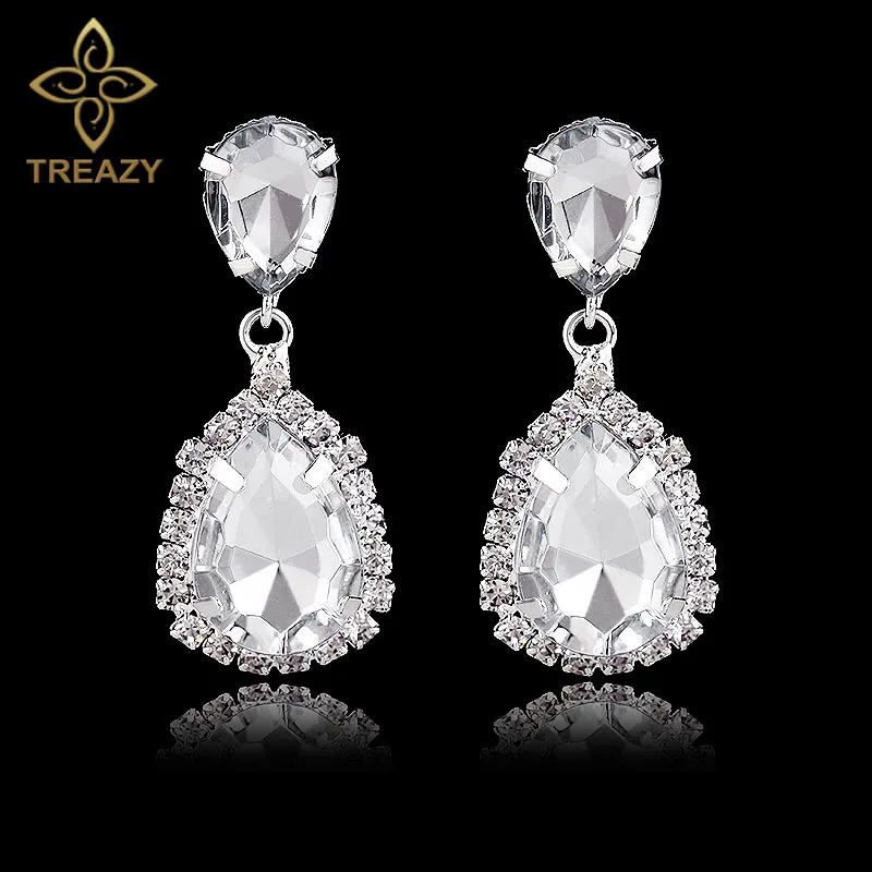 

TREAZY Clear/Royal Blue Crystal Long Drop Earrings Elegant Teardrop Bridal Party Dangle Earrings Wedding Jewelry for Women