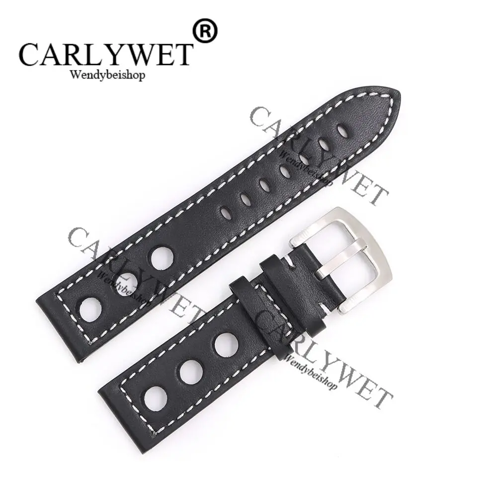 PROD 32837321075 CARLYWET 22mm Real Calf Leather Handmade Black with
White Stitches Wrist Watch Band Strap Belt Clasp