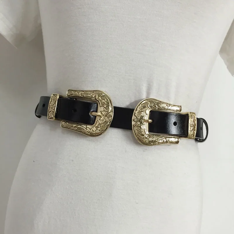 

New thin vintage belts For Women dress Gold Double Buckle Faux Leather waistband PU Leather adjust Belt Straps Accessories jeans