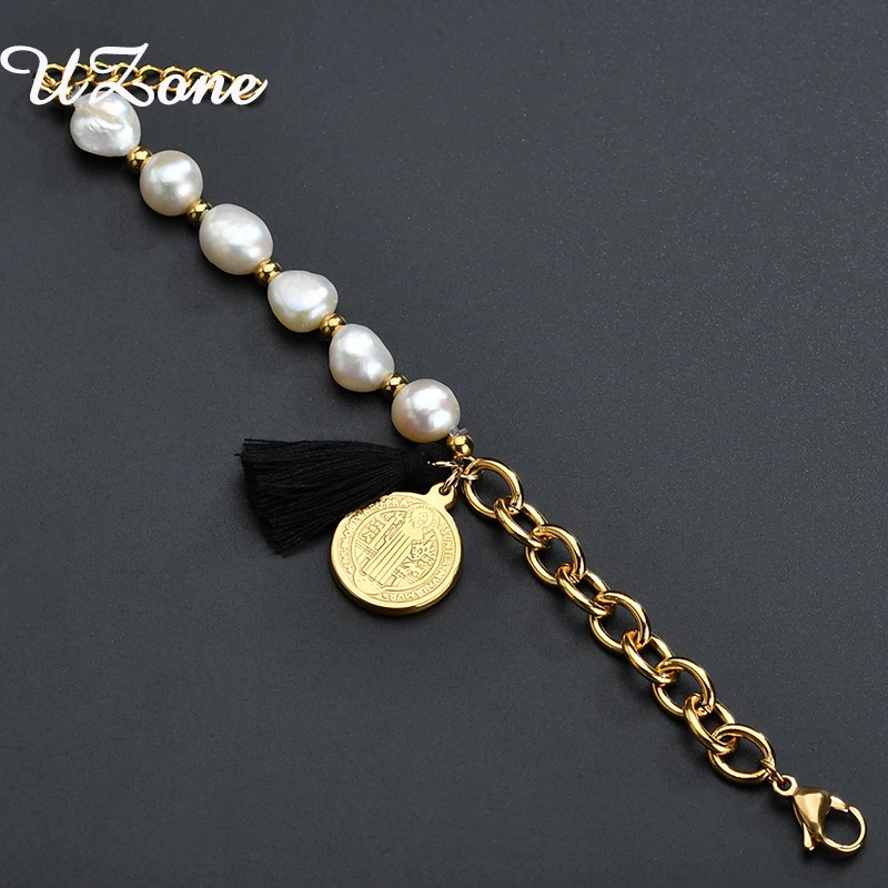 

UZone Round Saint Benedict Medal Coin Bracelets Multilayer Imitation pearls Tassel Bracelet Boho Women Jewelry