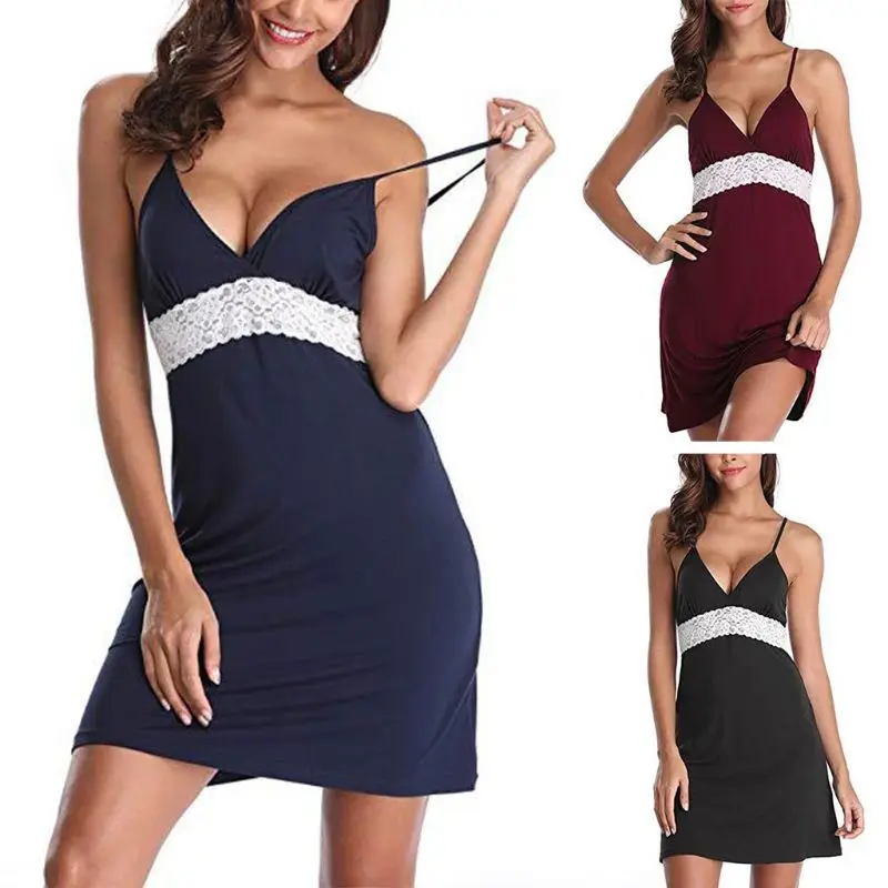 

Women Sleeveless Spaghetti Straps Nightgown Sexy Deep V-Neck Backless Sleepwear Floral Lace Splicing High Waist Lingerie Dress