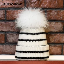 Лаурасу настоящий шарик из меха енота помпоны зимний теплый шерстяной вязаный головной убор Дамская Норковая женская шапка