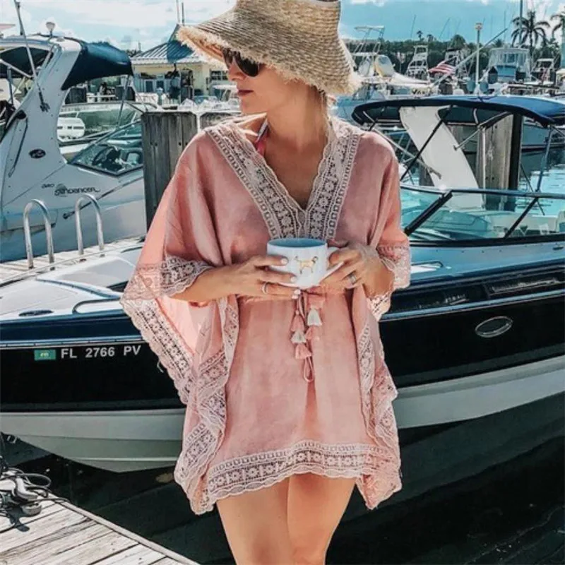 

Women Swimwear Cover-Ups Batwing Sleeve V-Neck Mini Sundress Ladies Girls Lace Floral Tassels Swimsuit Loose Cover-up for Women