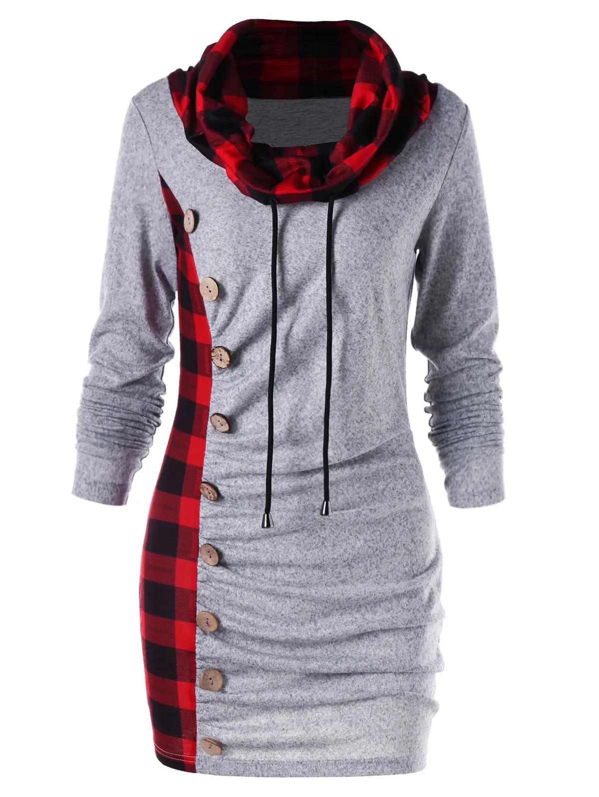 Wipalo Plus Size 2XL Cowl Neck Plaid Trim Drawstring Sweatshirt Dress Women Bodycon Dresses Fall Winter Vestidos De Festa|Платья| |