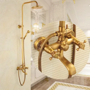 Buy Bathroom Retro Shower Set Faucet + Tub Mixer Tap + Handheld Shower + Tub Spout Antique Brass Mixer Tap Dual Handles Wall Mounted