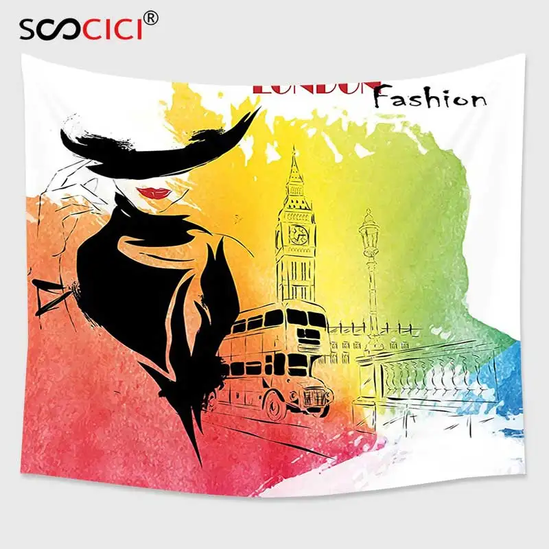 

Cutom Tapestry Wall Hanging,Fashion House Decor Classy and Royal Woman with Hat Symbol of Elegance Sixties in London Streets