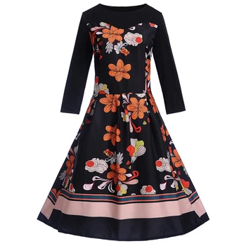 

2018 Floral Print Autumn Winter Dress Women Hepburn Jurken Vintage Christmas Dress Sexy Party Festival Gift Dresses Plus Size