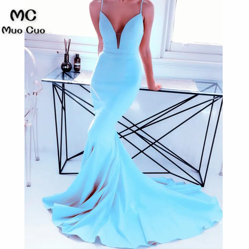 Sexy Plunge Neck Long Satin Open Back Mermaid Prom Dresses43