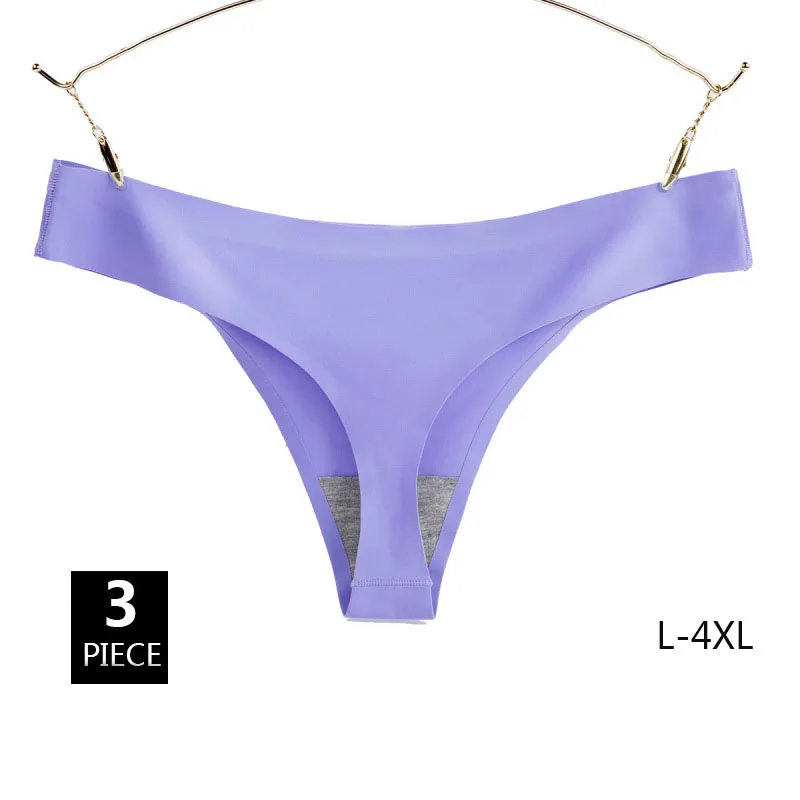 

3PCS Ice Silk 4XL Large Size Seamless Women G-string Low Waist Sexy Solid Soft Lady Thongs Plus Size T-back Panties Underwear