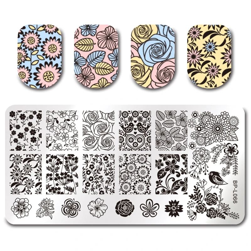 

BORN PRETTY Rectangle Nail Stamping Template Floral Design Salon Stencil Manicure Nail Art Flower Image Printing Plate BP-L066