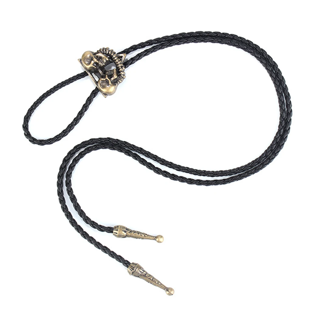 Western Cowboy American Skull Head Bolo Bola Tie Long Leather Necklace Men's Dancewear Accessories