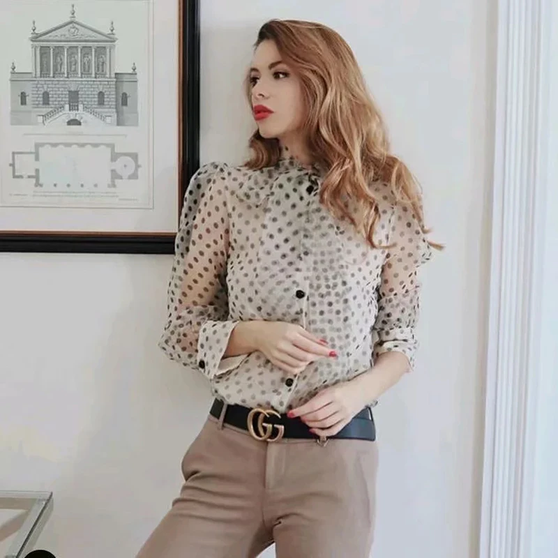 

Organza Women-s Transparent Blouse 2019 Spring-Summer Polka Dots Bow Shirts Ladies Festival Party Chiffon Shirt Chic Tops femme