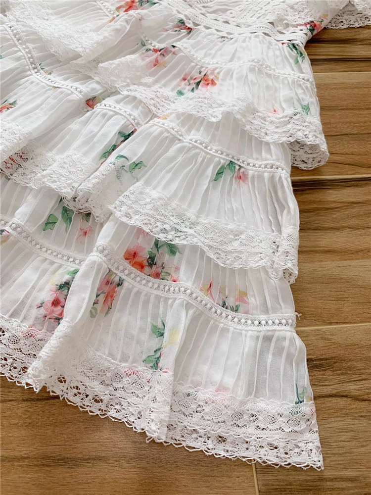 Элегантное Белое Кружевное мини-платье с цветочным принтом женское летнее многослойное короткое вечернее платье с оборками Высокое качество платье для подиума