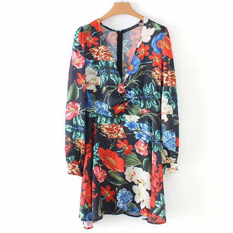 Women's Clothing Dress 2019 Fashion Versatile Printed Pleated V-Neck Dress Ms Summer Sexy Street Slim Fit Temperament Clothing