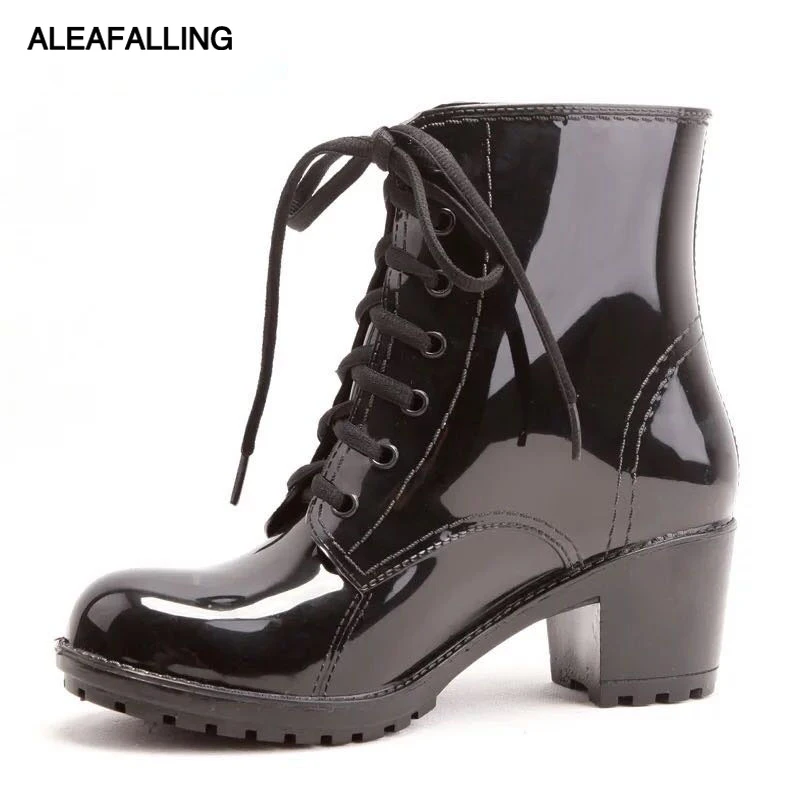 

Aleafalling Women Rain Boots Mature Lady Lace Up Waterproof Lady Shoes High Heel Candy Color Ankle Outdoor Girl's Shoes AWBT42