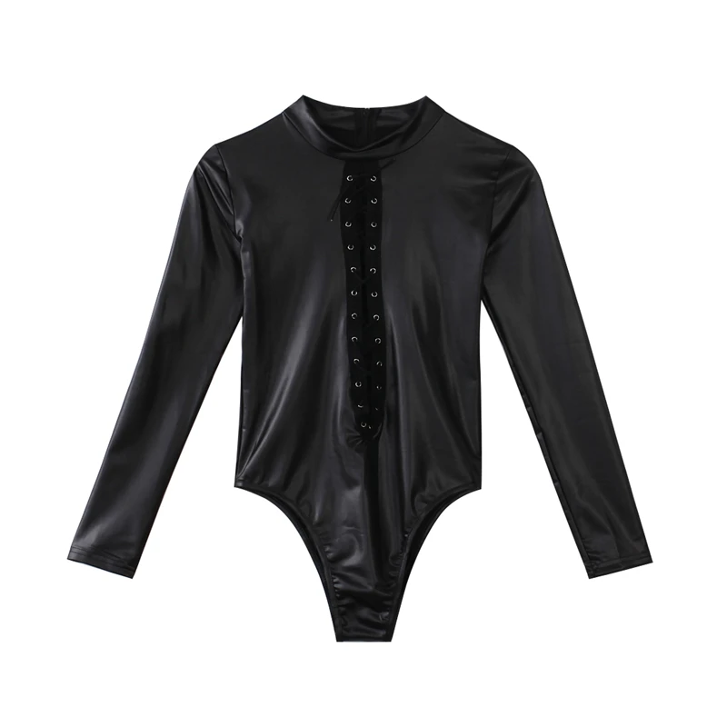 Plus Size XL Sexy Clubwear Bodysuits Women PU Leather Leotard Bodysuit