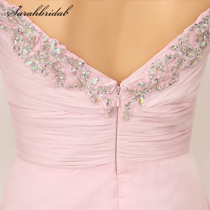 Элегантное сексуальное розовое шифоновое длинное платье для выпускного вечера с v-образным вырезом, с разрезом по бокам, без спинки, с открытыми плечами, со шлейфом, вечернее платье для вечеринки, XU013