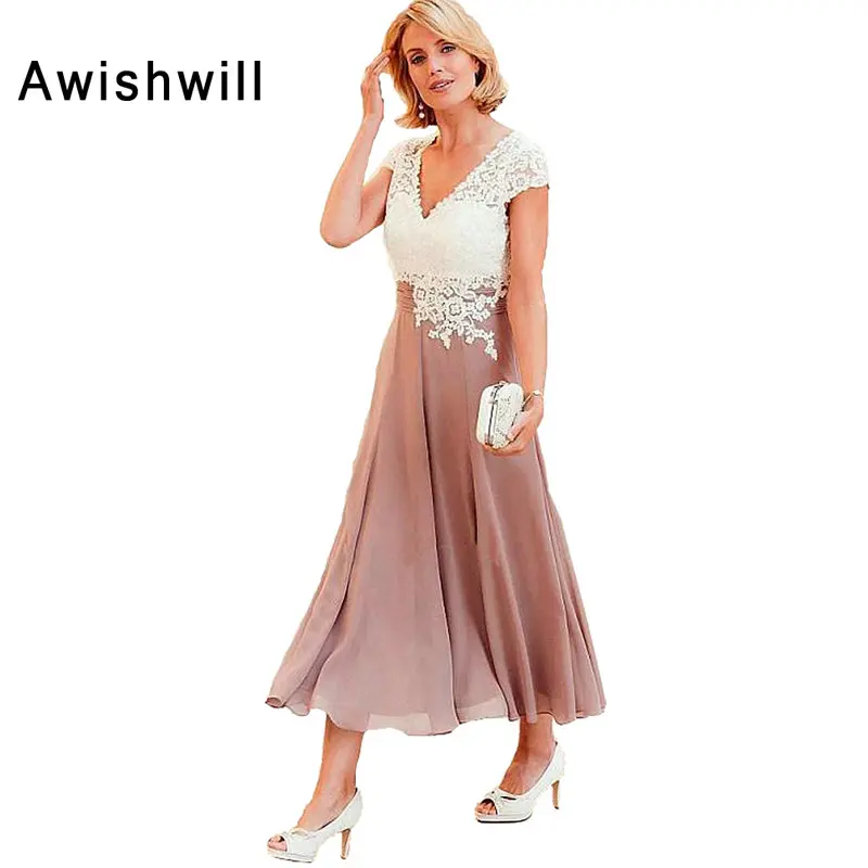 New Arrival Tea Length Mother Of The Bride Dress Short Sleeve V