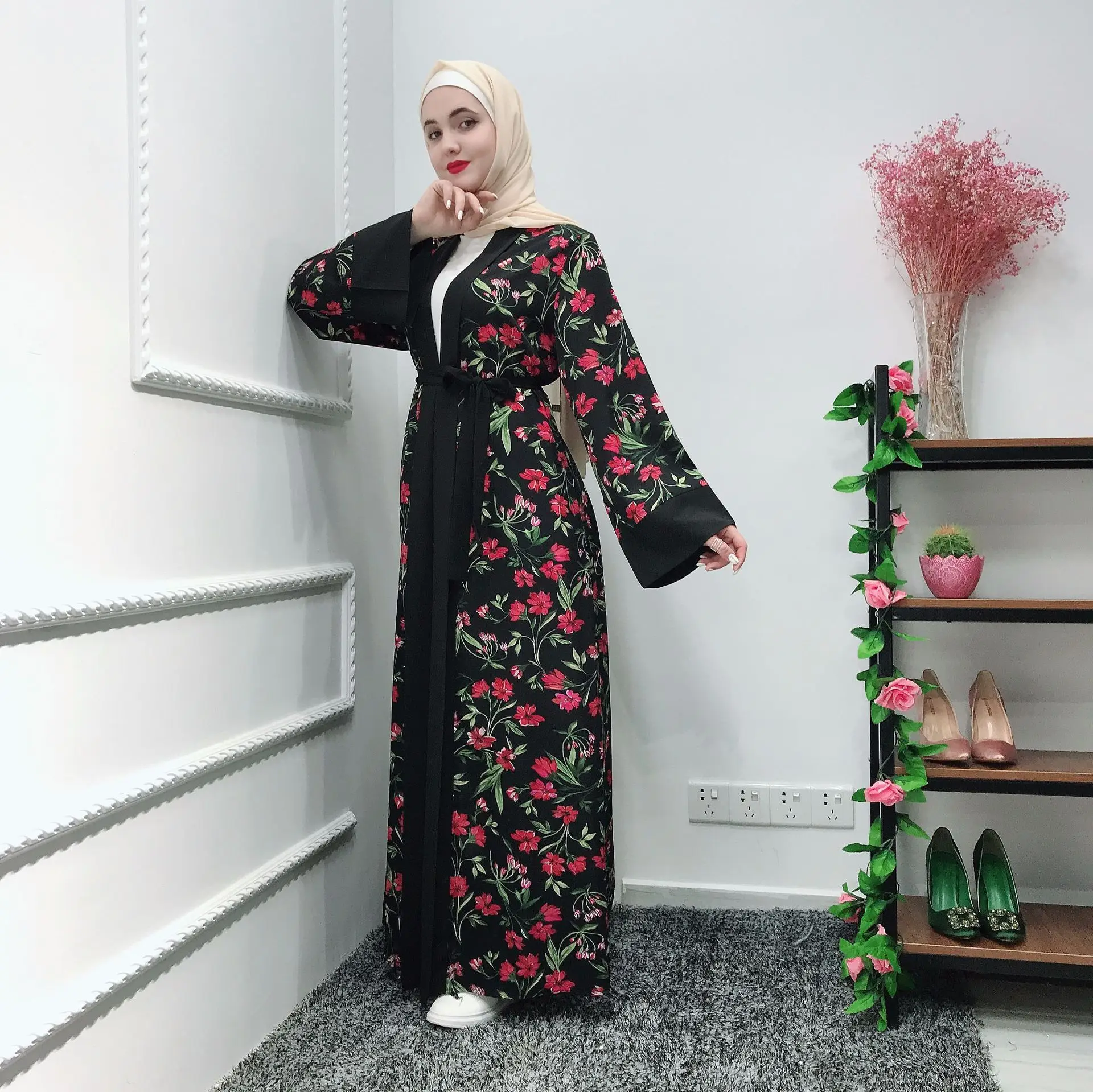 

Flowers Abaya Kimono Robe Dubai Turkey Muslim Hijab Dress Kaftan Abayas For Women Jilbab Caftan Islamic Clothing Ramadan Elbise