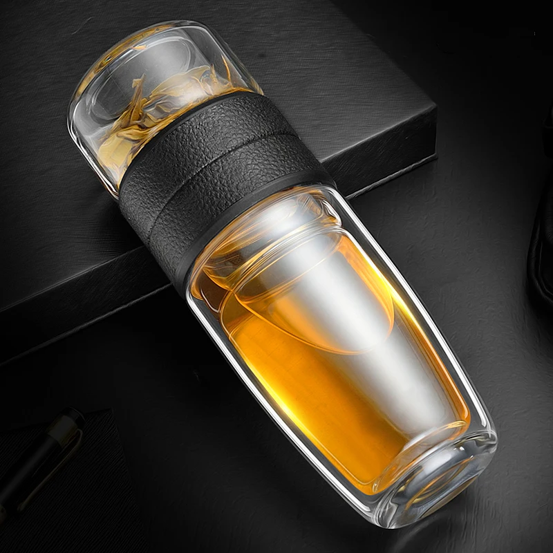 

200+300ML Double Walled Glass Bottle with Stainless Steel Tea Infuser Filter Business Glass Water Bottle for Man 2019 New