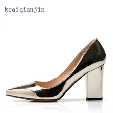 Thick with Pumps Sexy Patent Leather High-heeled Shoes Golden Silver Brown Red Sole Large Size 33cm-43cm Asakuchi Pumps Cheap
