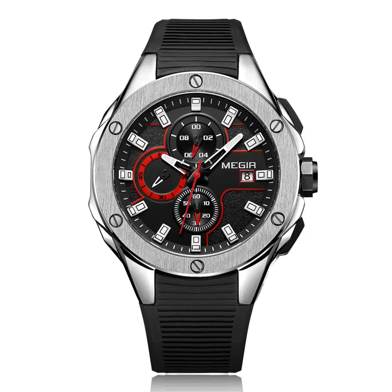 silver black Relogio Masculino MEGIR мужские часы Топ люксовый бренд Хронограф Календарь спортивные наручные часы Военная армия резиновые мужские часы 2053 - Цвет: silver black