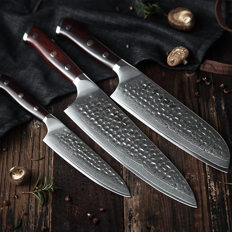 

HEZHEN 3 PCS Knife Set VG10 Sharp Santoku Chef Nakiri Utility Knife Damascus Steel Kitchen Fish Meat Cleaver Cooking Accessories