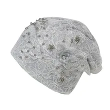 Lace Pearl Skullies Beanies Caps Women Chemotherapy Turban Stretch Pile Heap Cap Ladies Pink Headscarf Lace Cotton Beanies Mujer