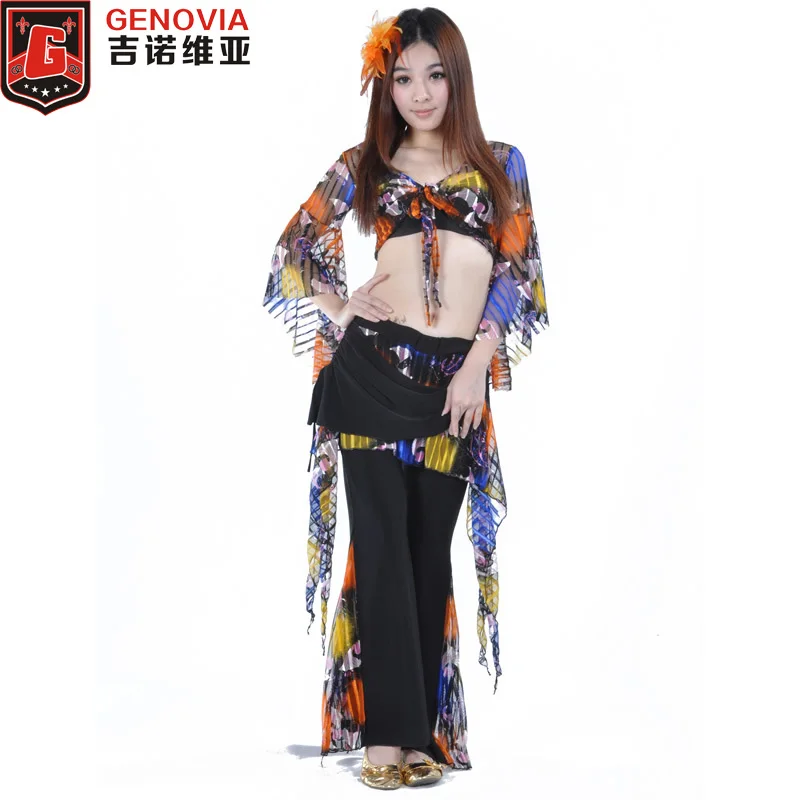 

Women Belly Dance Costume Print Blouse Top & pants 2 Piece Suit Ladies Dance Clothes Tassel Sleeve Women