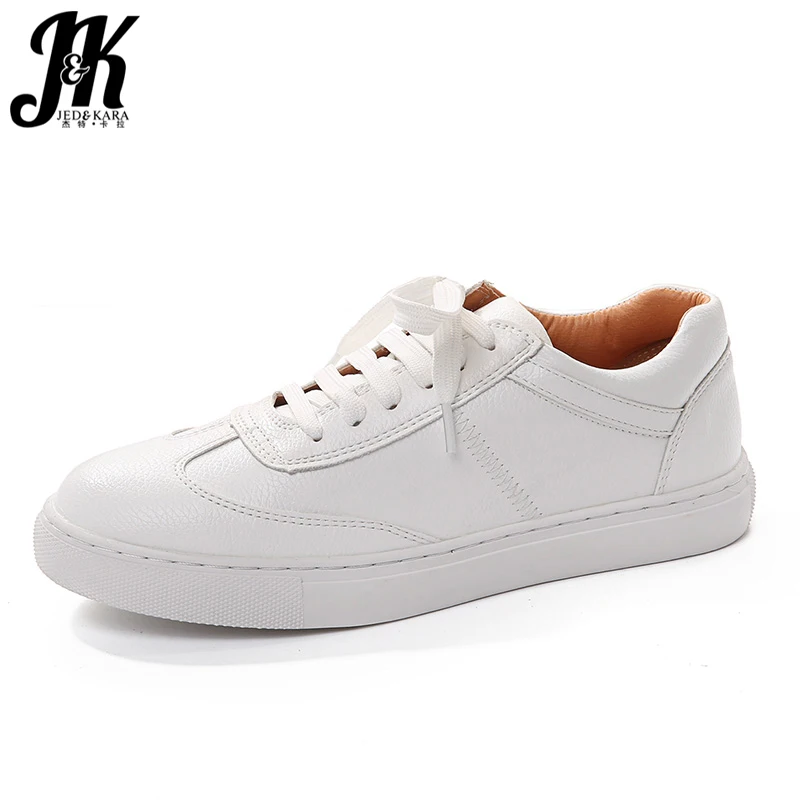 

JK 2018 Casual Genuine Leather White Shoes Woman Flats Lace up Platform Footwear Female Shoe 4 Seasons Ladies Flats Sneaker