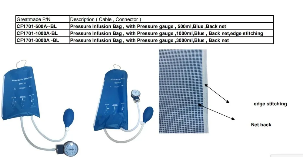 Многоразовый нейлоновый инфузионный мешок давления/инфузионный мешок давления с манометром 1000 мл, синий, задняя сетка и края строчки