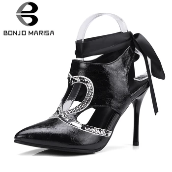 

BONJOMARISA New Arrival Plus Size 32-43 Sexy Party Pumps 10cm Super High Heels cross-tied Slingbacks Summer Pumps For Ladies