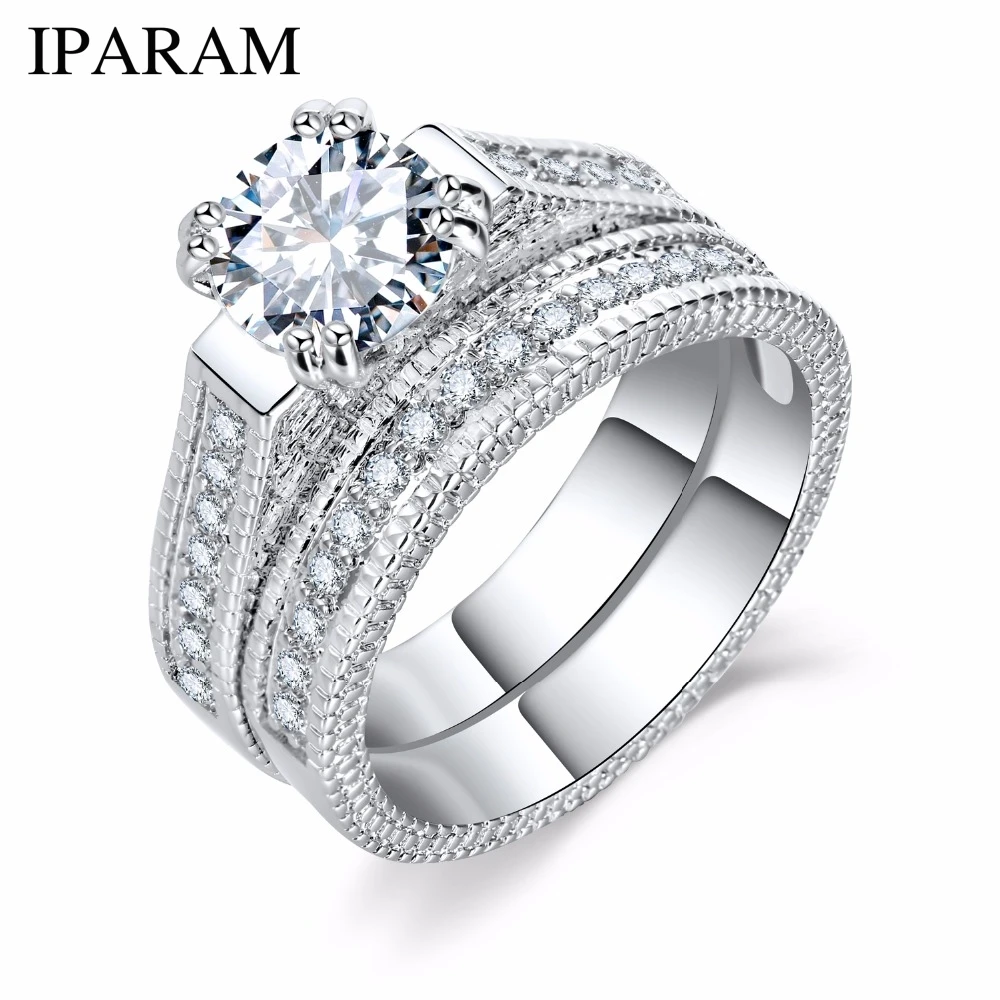 IPARAM Silver Color Luxury 2 Rounds Bijoux Fashion Wedding Ring Set