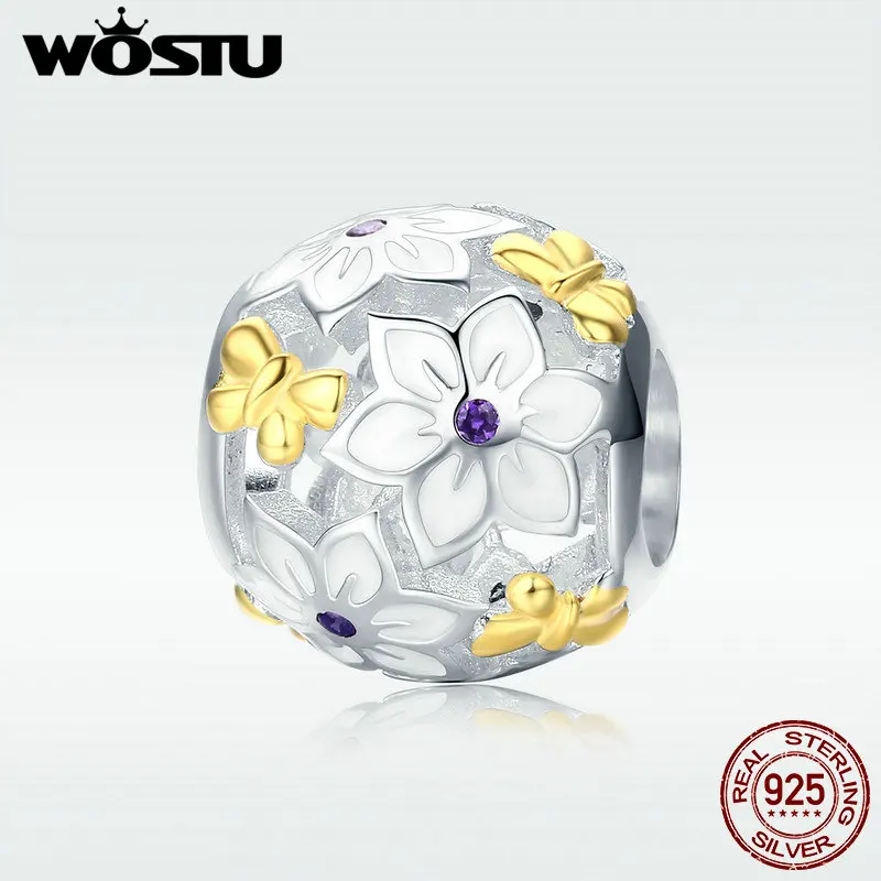 WOSTU Authentic 925 Sterling Silver Gold Color Flowers and Butterflies Charm Beads for Original WST Bracelet Jewelry DXC546
