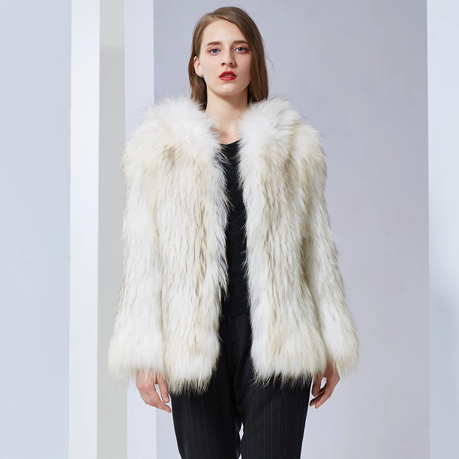 real fur coat with hood fashion Knitted natural Knitted Raccoon Dog Fur