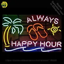 Неоновая вывеска для всегда Happy Hour Palm Tree неоновая лампа знак неоновые огни знак стеклянной трубки знаковых лампы яркая лампа С логотип