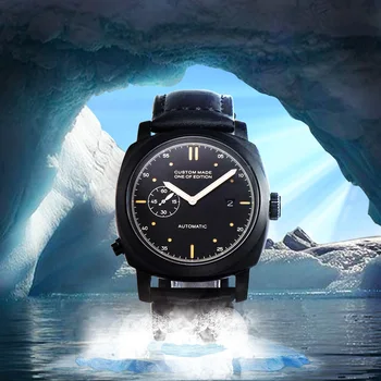 

bomax marina wristwatch parnis military 44mm automatic men watch date black dial leather strap steel case A02