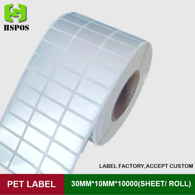 Silver PET label 30*10mm 10000pcs one roll three row self adhesive logo stickers labels waterproof high temperature resistant