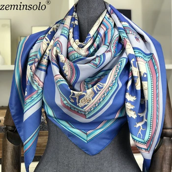 

Poncho Silk Scarf Women Luxury Brand Foulard Hijab Square Scarves Fashion Horse Print Wraps Colorful Bandana Shawl 130*130cm New