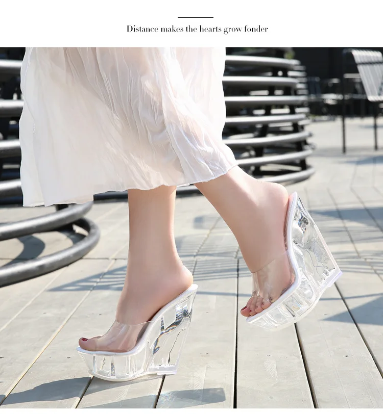 Женские шлепанцы; туфли-лодочки на прозрачной платформе; женские босоножки на толстой подошве; тапочки шлепанцы на высоком каблуке 14 см; летняя пляжная обувь