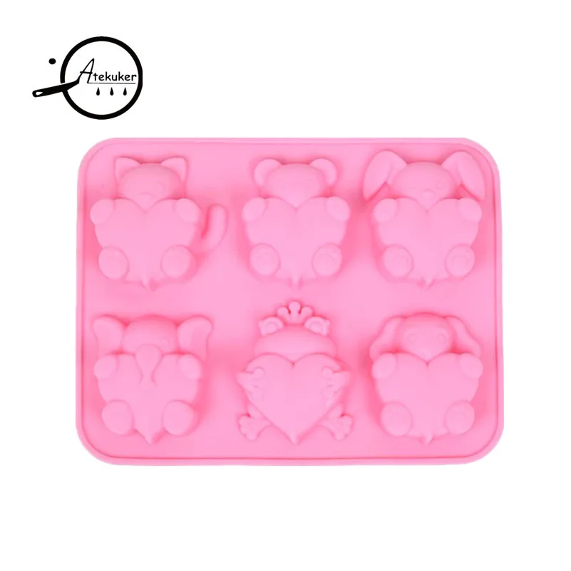 Atekuker 3Pcs/set Pig Bear Lion Frog Dog Cat Elephant Hippo Shape Silicone Mold For Baking Cake Form Silicone Form For Soap Ice