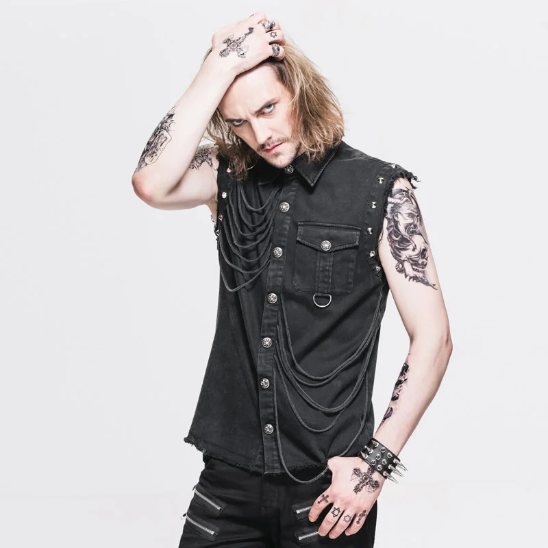 Skup Gothic Punk Czarny Bez Rękaw oacute;w Bluzki Mężczyzn Unikalne Archiwalne Rock Letnie Męskie Bawełniane z kr oacute;tkim rękawem Topy z Nitami D ringi Kieszeni Slim Fit