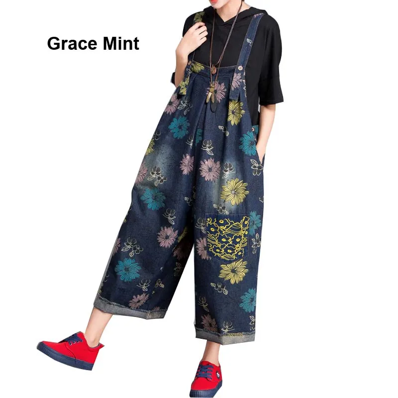 

Jumpsuits Female Appliques Embroidery Printing Loose Wide Leg Jeans Overalls Jumpsuits Rompers