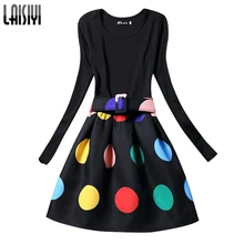 Free Shipping 2016 new Arrival women long-sleeved winter dress Patchwork print autumn dress Plus Size Dress with belt DR2150