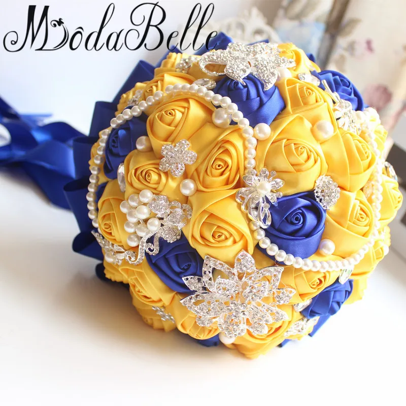 Modabelle желтый Королевский синий Букеты свадебные с кристаллами Свадебные букеты невесты Искусственные атласные розы невесты цветы 2017