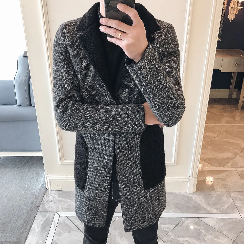 2018 winter new high-end men's fashion stitching lapel coat plus velvet thick tide jacket Slim handsome male jacket 2018 winter new high-end men's fashion stitching lapel coat plus velvet thick tide jacket Slim handsome male jacket