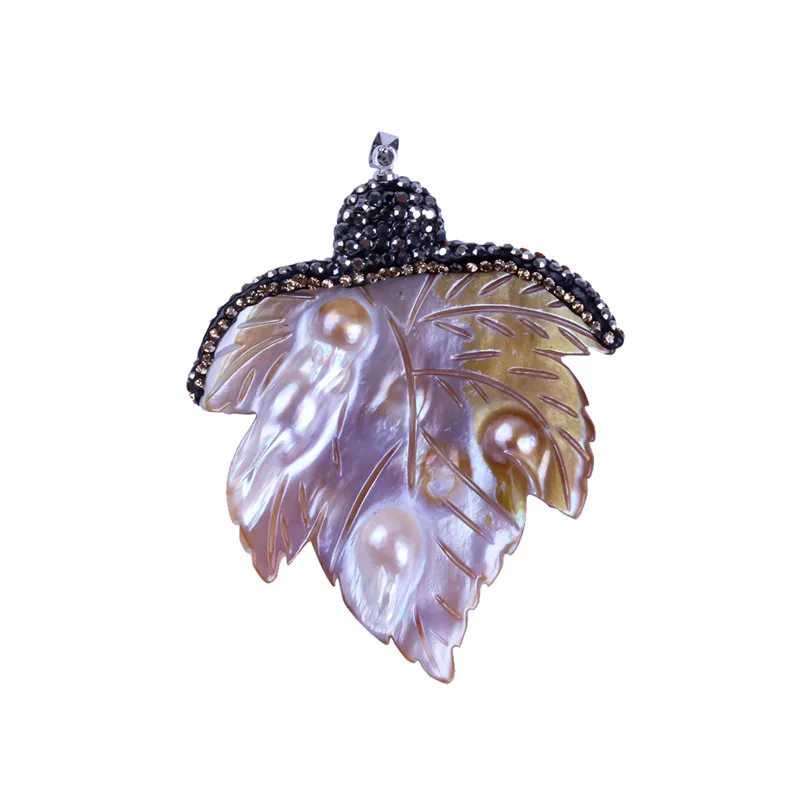 Natural Maple Leaf Shell Pendant Charm Rhinestones Paved Druzy Gem Pendant for Women Jewelry with High
