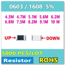 Оригинал 0603 J 5% 5000 шт. 4.3 М 4.7 М 5.1 М 5.6 М 6.2 М 6.8 М 7.5 М 8.2 М 9.1 М 10 Msmd резистор 1608 ОМ