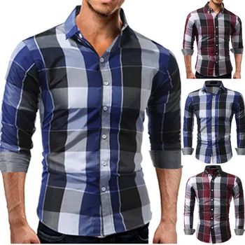 

Fashion Men Slim Fit Shirts Long Sleeve Cotton Plaid Tee Shirts Casual Chemise Homme Mens Checkered Casual Handsome Men Blouse
