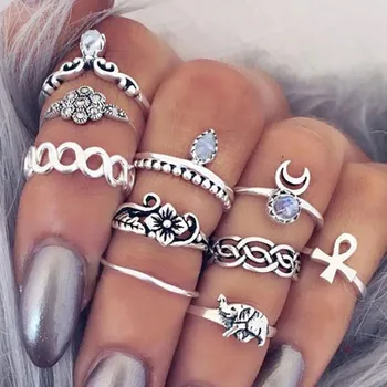 

2017 Fashion Bohemian 10pcs/Lot Vintage Elephant Moon Knuckle Rings Charm Stackable Midi Rings Set of Rings for Women Anel